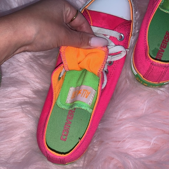 Neon Pink Low Top Converse Double Tongue - Picture 4 of 5